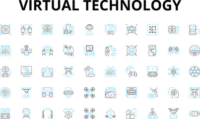 Virtual technology linear icons set. Immersive, Digital, Augmented, Cyber, Virtuality, Simulated, Holographic vector symbols and line concept signs. Telepresence,Interactive,Artificial illustration