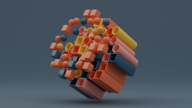 Loop abstract 3d animation of a set of pipes and a square profile from which cubes and balls fly out and return. Geometric abstract animation.