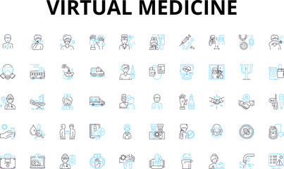 Virtual medicine linear icons set. Telemedicine, Distance healthcare, Remote diagnosis, Virtual consultations, Online healthcare, Telehealth, Digital healthcare vector symbols and line concept signs