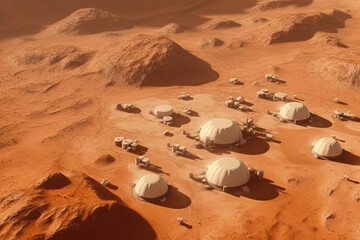 Aerial top view of the first human colony on Mars, created with Generative AI technology