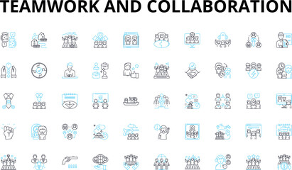 Teamwork and collaboration linear icons set. Synergy, Alliance, Cohesion, Unity, Partnership, Cohort, Connection vector symbols and line concept signs. Fellowship,Harmony,Cohorts illustration