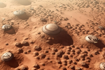 Fototapeta na wymiar Aerial top view of the first human colony on Mars, created with Generative AI technology