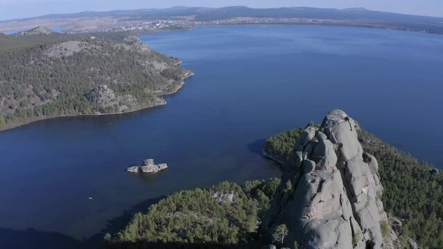 Aerial drone footage of the Okzhetpes Mountain in Natonal park Burabay Borovoe , Kazakhstan