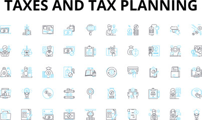 Taxes and tax planning linear icons set. Deductions, Refunds, Returns, Income, Filing, Credits, Audits vector symbols and line concept signs. Exemptions,IRS,Taxpayers illustration