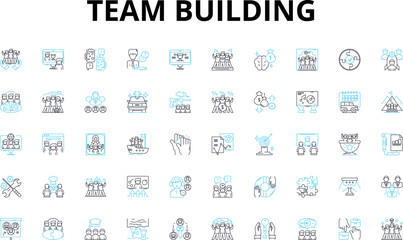 Team building linear icons set. Collaboration, Trust, Unity, Communication, Connection, Synergy, Bonding vector symbols and line concept signs. Motivation,Engagement,Cohesion illustration