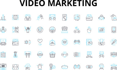 Video marketing linear icons set. Promotion, Advertising, Engagement, Storytelling, Conversion, Branding, Outreach vector symbols and line concept signs. Visibility,Content,Viral illustration
