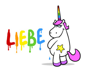 Cartoon Einhorn pinkelt das Wort Liebe in Regenbogen Farben