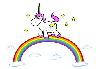 Rosa Cartoon Einhorn schwebt auf einem bunten Regenbogen