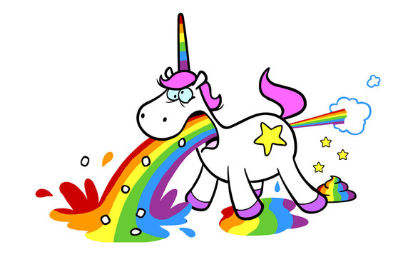 Cartoon Einhorn beim Kotzen, Kacken, Pinkeln und Furzen