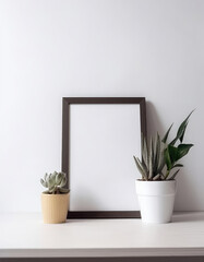 A mock-up of an interior poster with a vertical empty wooden brown frame standing on a table, with potted cacti on the sides, against a white wall. Generative AI