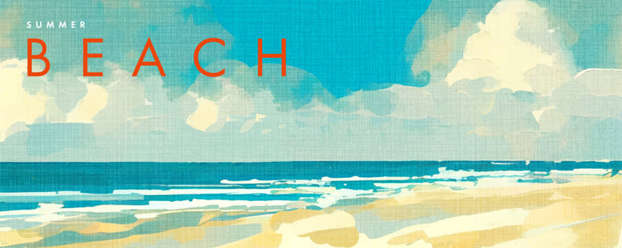 Abstract summer background with art illustration of sea beach and sky. Tropical coast landscape with beautiful sea shore beach on a nice sunny day