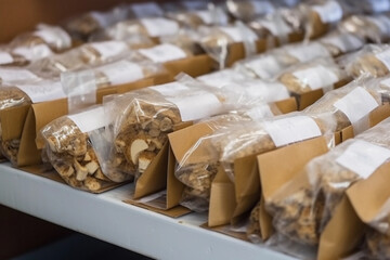 Close-up of mushrooms in packaging on the counter of a store, mushroom production. Generative AI