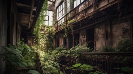 Fototapeta na wymiar Rust and Greenery: The Eerie Charm of an Abandoned Factory 3. Generative AI