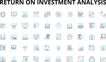 Return on investment analysis linear icons set. Profitability, Capital, Ratio, Efficiency, Return, Growth, Inventory vector symbols and line concept signs. Valuation,Investment,Income illustration