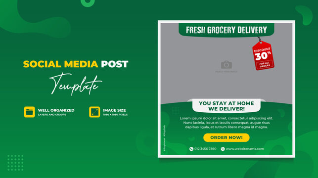 Editable social media post template. Instagram and facebook square post template. Banner ads for grocery promotion design.
