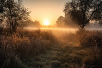 sunrise, with the sun peeking through the misty meadows, in a magical and serene setting, created with generative ai