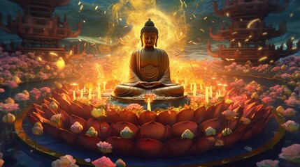 the great buddha sakyamuni in buddhism stands on a golden lotus generative AI - obrazy, fototapety, plakaty