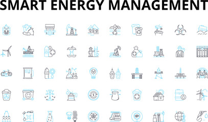 Smart energy management linear icons set. Efficient, Sustainability, Optimization, Automation, Conservation, Renewable, Monitoring vector symbols and line concept signs. Control,Climate,Grid