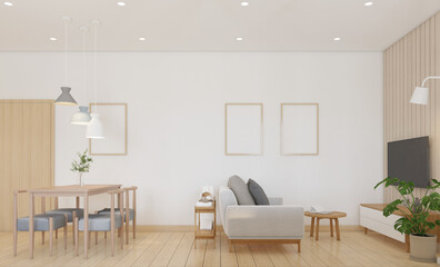 Modern japan style living room decorated with tv cabinet and sofa, dining table and hanging lamp, white wall and wood slat wall. 3d rendering