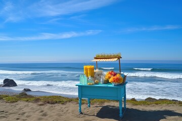 Fototapeta na wymiar lemonade stand on beach, with view of rolling waves and clear blue skies, created with generative ai