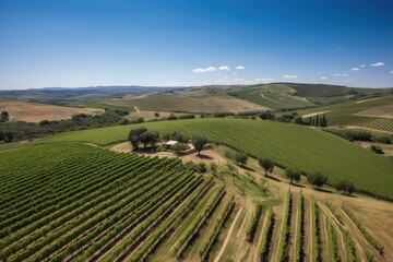 Fototapeta na wymiar vineyard with rolling hills and blue sky above, seen from bird's-eye view, created with generative ai