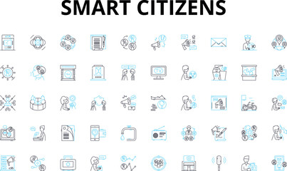 Smart citizens linear icons set. Connected, Digital, Innovative, Aware, Proactive, Collaborative, Engaged vector symbols and line concept signs. Efficient,Adaptive,Responsive illustration