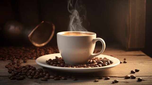 hot coffee cup on a wooden table with coffee bean generative AI © onedayiwillWIN