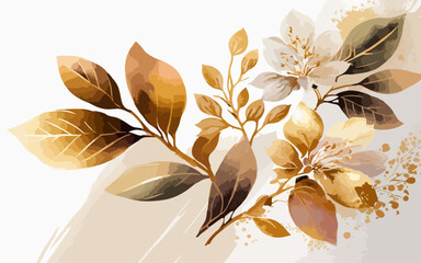 Abstract art background vector. Luxury minimal style wallpaper with gold watercolor flower gold and white watercolor flower art. watercolor gentle gold flower and gold splash and white background.
