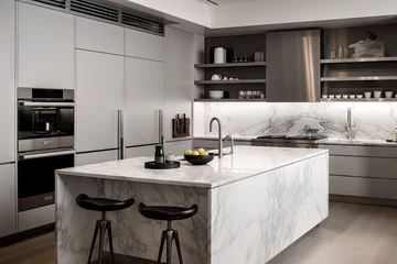 Fotobehang a minimalist kitchen with sleek metallic accents, honed marble countertops, and stainless steel appliances, created with generative ai © Alfazet Chronicles