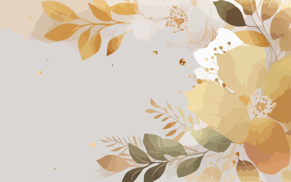 Abstract Art Background Vector. Luxury Minimal Style Wallpaper With Gold Watercolor Flower Gold And White Watercolor Flower Art. Watercolor Gentle Gold Flower And Gold Splash And White Background.