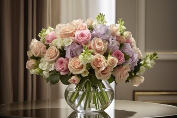 elegant display of luxurious pastel flowers and crystal vase, created with generative ai