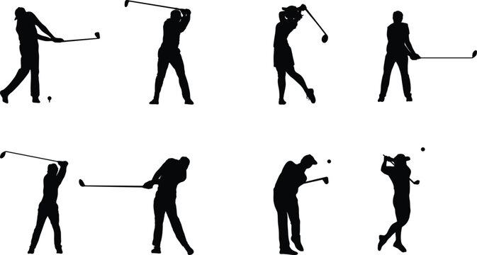 silhouettes of Collection of golf player silhouettes.Golfer Golf Sports People Silhouette Set stock illustration.