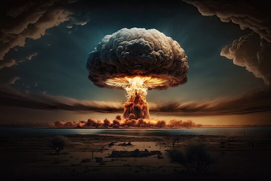 close-up of nuclear bomb explosion, with mushroom cloud rising into the sky, created with generative ai