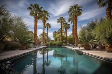 oasis pool surrounded by palm trees and desert views, created with generative ai