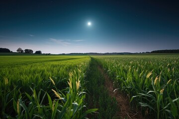 moon and stars above fertile field, with harvest moon in the sky, created with generative ai