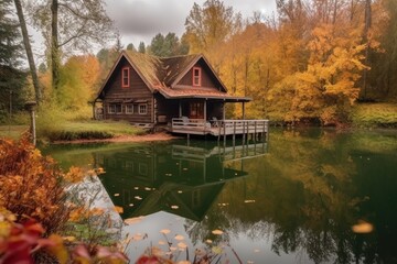 cozy cabin retreat with view of tranquil lake, surrounded by beautiful nature, created with generative ai