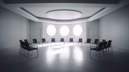 Chairs stand in a circle in a spacious empty room. Chairs in the meeting room. AI generation