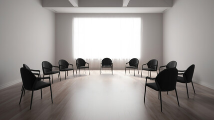Chairs stand in a circle in a spacious empty room. Chairs in the meeting room. AI generation
