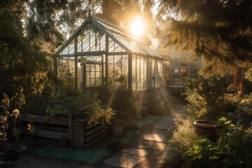 a greenhouse, surrounded by a tranquil garden, with the sun shining through, created with generative ai