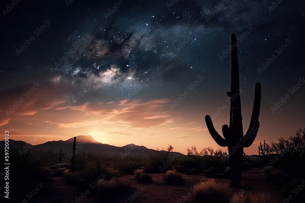 Poster night sky with glittering stars and the silhouette of a cactus on a desert landscape, created with generative ai