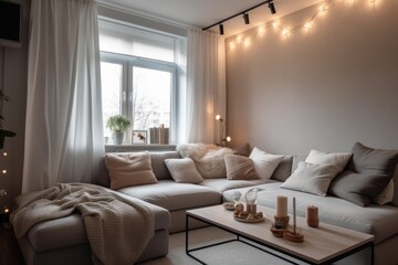 cozy apartment with minimalistic decor, soft lighting, and plush pillows, created with generative ai