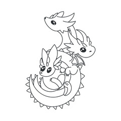 Linear cartoon dragon with three heads and tails. Coloring of a cute little dragon with big eyes.