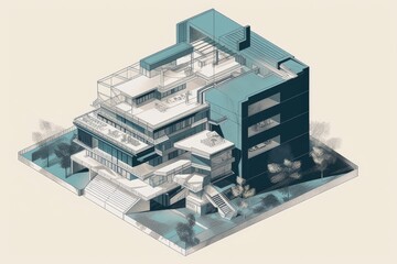 architectural rendering of contemporary building, with isometric and axonometric projections, created with generative ai