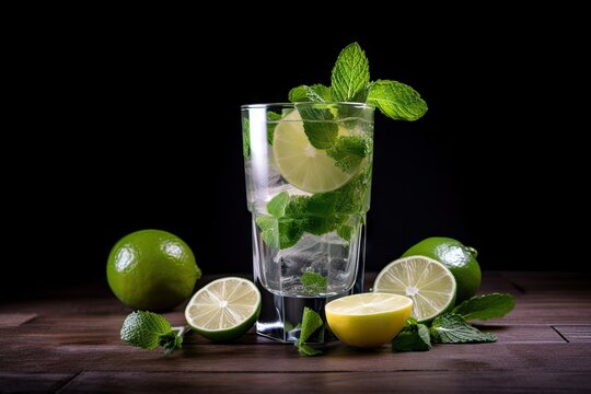 glass of mojito, garnished with mint and lime, created with generative ai