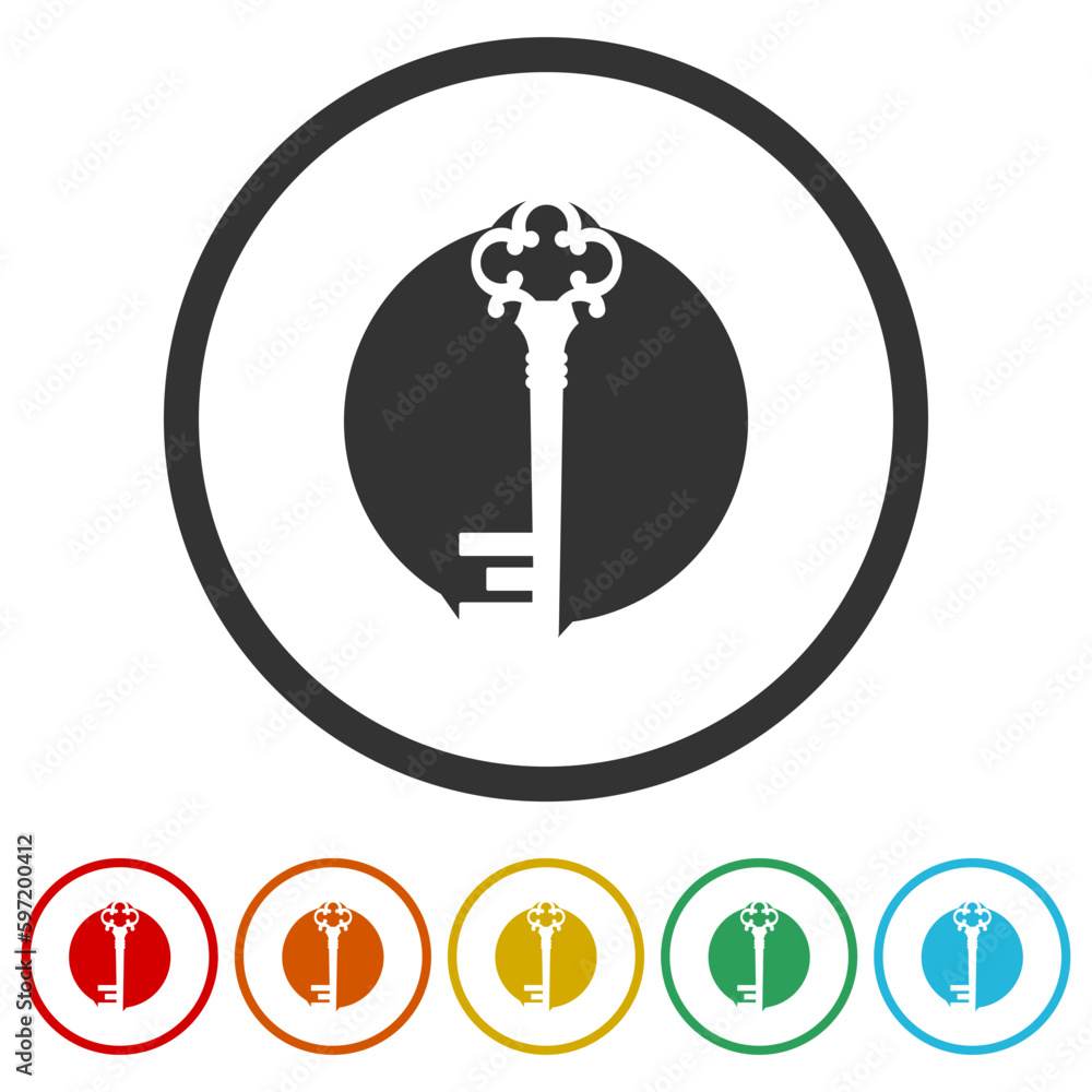 Poster old key logo. set icons in color circle buttons