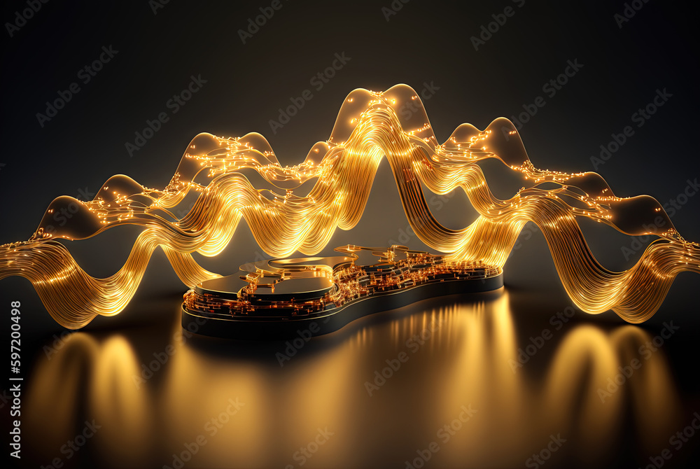 Poster Technology abstract with shiny data wave flow. Science concept with glowing wires connected on futuristic background. Generated AI.