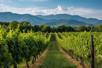 Fototapeta na wymiar vineyard with rows of grapevines, bordered by lush foliage and mountains in the background, created with generative ai