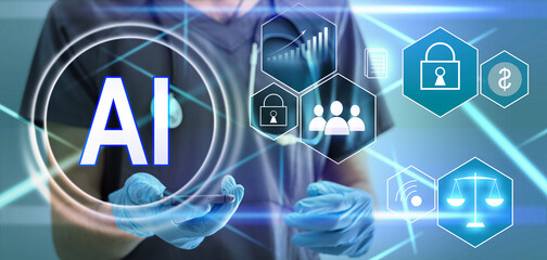 Doc AI icon on virtual screen. Futuristic medicine, world assistance and the future. Technological surgery on heart. Modern innovative information technology in health care.
