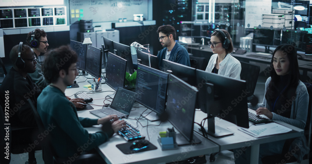 Leinwandbilder Team of Six Diverse Multiethnic Software Developers Working on Computers, Programming Advanced Code, Managing Artificial Intelligence Projects Online for Innovative Internet Based Blockchain