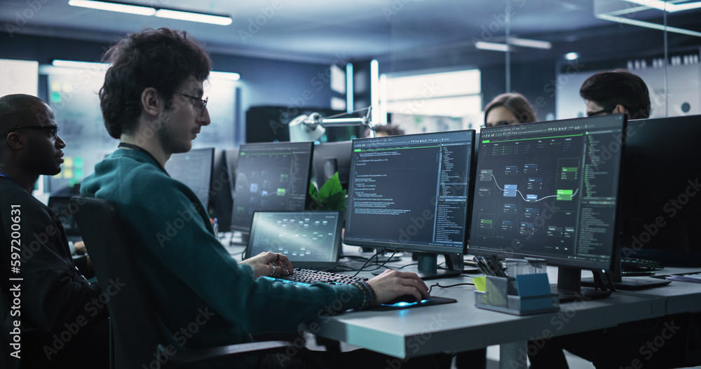 Poster Team of Talented Young Professionals Working in a Technological Research and Development Agency. Computer Screens with Software Code, Customer Relationship Management Tool and Road Map User Interface
